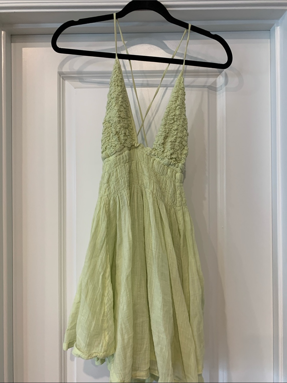 Free People Light Lime Smocked gauzy cotton  Mini Dress with Tie Straps M